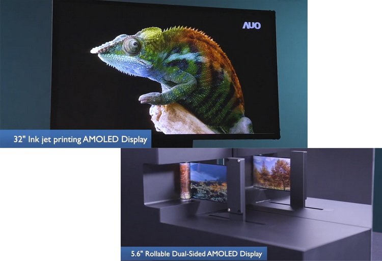 AUO показала сворачивающийся двусторонний AMOLED-дисплей и большую панель AMOLED, созданную с помощью струйной печати